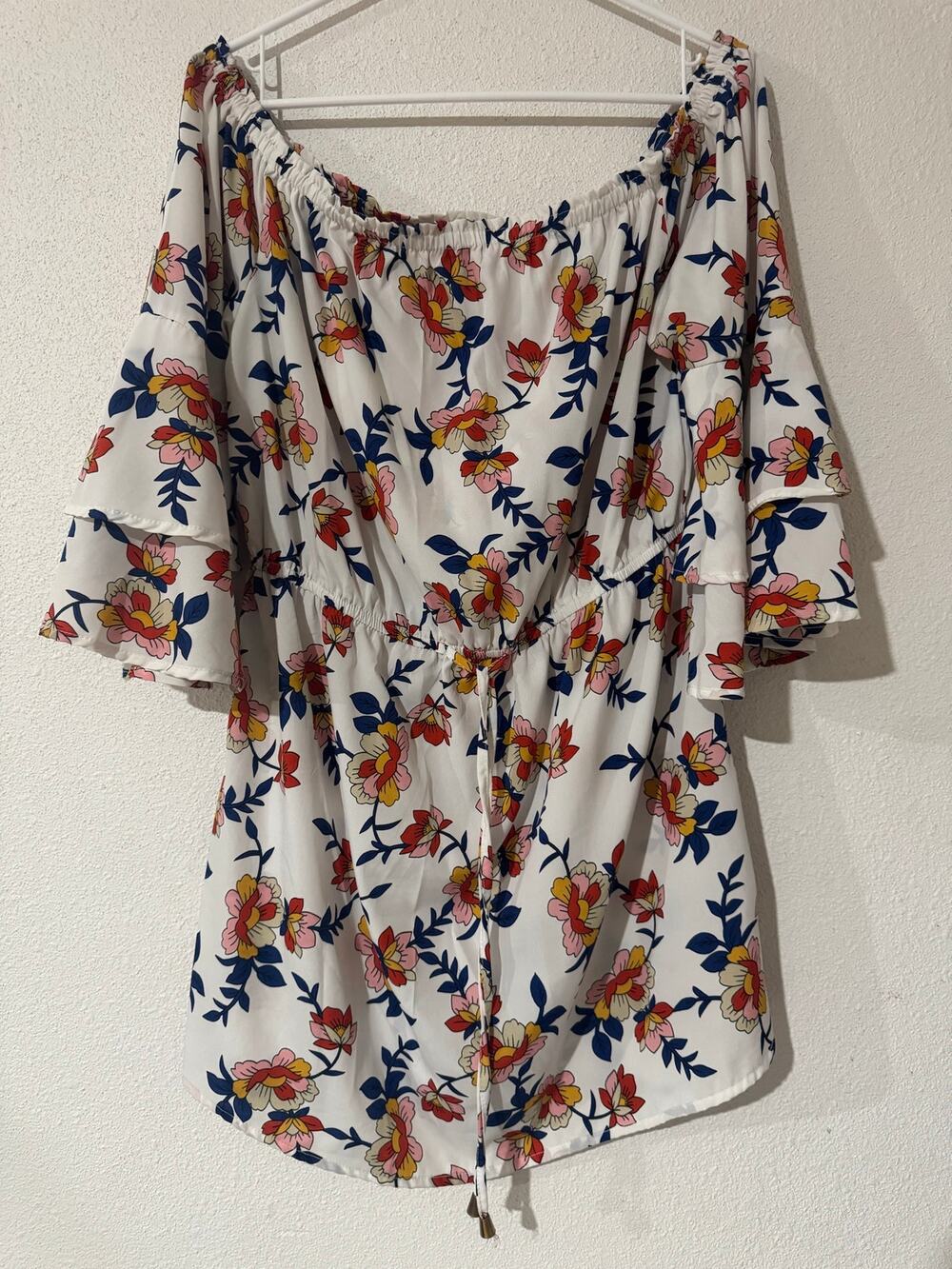 Hint of Blush Floral Off Shoulder Dress XL Boho Tiered BellSleeve White Festival